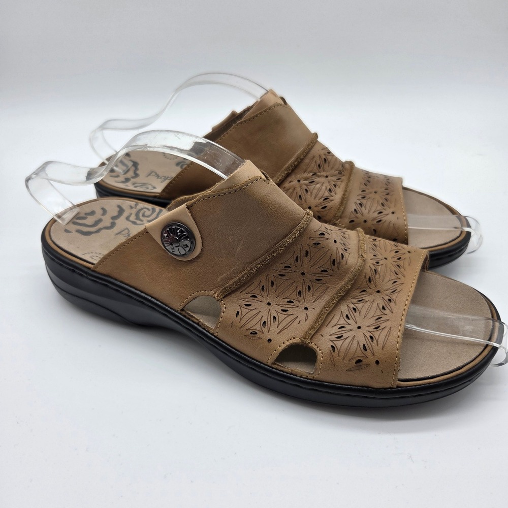 Propet Slide Sandals Womens 10.5 W Tan Leather Laser Cut Floral WSO041L